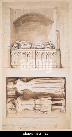Two drawings on one sheet. One drawing showing an overhead view of the effigies of Sir Thomas and Margaret Ellis in St Peter's Church, Sandwich; the other drawing showing a side view of the effigies. Effigy to Sir Thomas Ellis (Elys) and his wife Margaret, in St Peter's Church, Sandwich. 1785. Pen and black ink with monochrome wash. Source: Maps K.Top.17.11.2.b. Language: English. Stock Photo