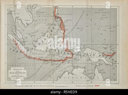 Physical map of the Malay archipelago by Alfred Russel Wallace, 1868. The Malay Archipelago, etc. London : Macmillan & Co., 1890. Source: 2354.a.1 opposite page 8. Stock Photo