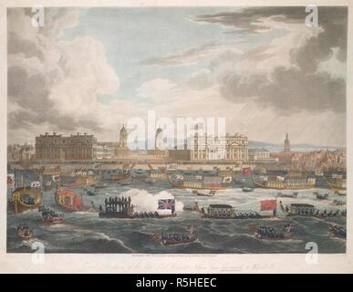 A panoramic view of Nelson's funeral procession on the River Thames in 1806; the funeral barge in the foreground accompanied by over 60 boats, including a variety of Admiralty and City livery barges; Greenwich Hospital in the background with the Royal Observatory in the distance  . Funeral Procession of the Late Lord Viscount Nelson, from Greenwich to Whitehall. : ON THE 8TH JANUARY, 1806. [London] : Published as the Act directs April 1 1806 by James Cundee, Albion Press, Ivy Lane, Paternoster Row., [April 1 1806]. Aquatint and etching with hand-colouring. Source: Maps K.Top.17.1-3.n. Language Stock Photo