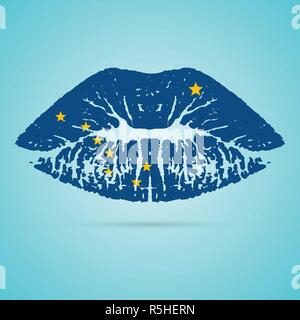 Alaska Flag Lipstick On The Lips Isolated On A White Background. Vector Illustration. Stock Vector