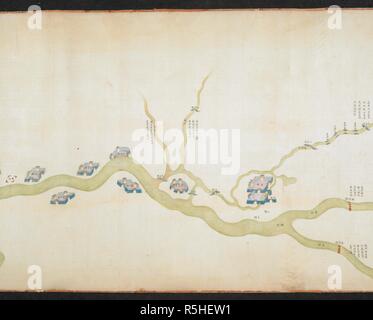 A section from an eighteenth century picture map which shows the whole thousand mile length of the canal on a long roll. Grand Canal (China). 18th century. Source: Or. 2362, detail. Language: Chinese. Stock Photo