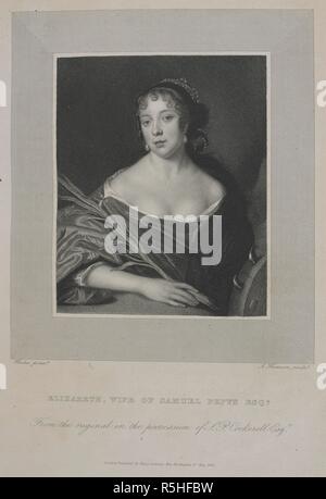 Elizabeth Pepys - Wife of Samuel Pepys - 1825 print of a seventeenth ...