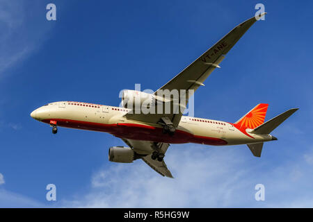 LONDON, ENGLAND - NOVEMBER 2018: Air India Boeing 787 Dreamliner jet about to land at London Heathrow Airport.