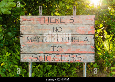 There Is No Magic Formula To Success motivational quote written on old vintage board sign in the forrest, with sun rays in background. Stock Photo