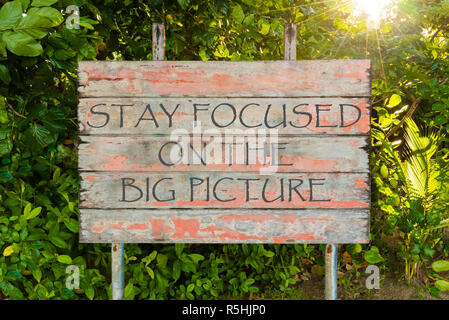 Stay Focused on the Big Picture motivational quote written on old vintage board sign in the forrest, with sun rays in background. Stock Photo