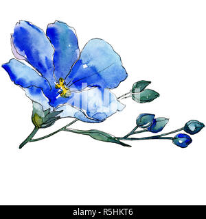 Blue flax flower with green leaves and buds. Isolated flax illustration element. Watercolor background set. Stock Photo