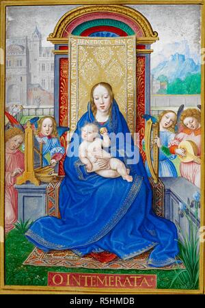 Virgin and Child enthroned with angels playing musical instruments. Sforza Hours. Milan, circa 1490; Flemish insertions, 1517-1520. Source: Add. 34294, f.177v. Language: Latin. Author: HORENBOUT, GERARD. Stock Photo