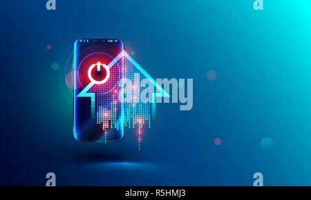 Smart home abstract concept. intelligence system power button on screen mobile phone. Smartphone controls power of households devices. Abstract illustration about home automation. Stock Vector