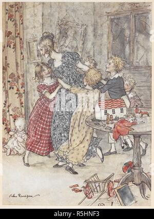 A young woman and children dancing around a playroom full of toys. A Christmas Carol ... Illustrated by Arthur Rackham. London; J. B. Lippincott Co. Philadelphia : Wiiliam Heinemann, 1915. 'A flushed and boisterous group'. Source: 012622.g.37. opposite page 62. Author: RACKHAM, ARTHUR. DICKENS, CHARLES. Stock Photo