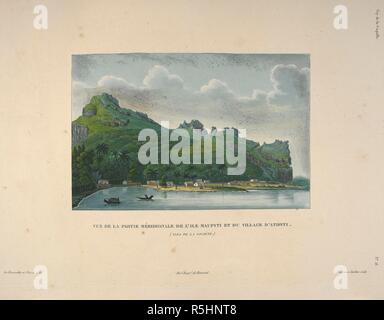 Vue de la partie meridionale de l'ile Maupiti et du village d'Atipiti. (Maupiti (French Polynesia.). Voyage autour du monde, exÃ©cutÃ© par ordre du Roi, sur la corvette de Sa MajestÃ© la Coquille, pendant les annÃ©es 1822, 1823, 1824 et 1825, sous le ministÃ¨re de S. E. M. le marquis de Clermont-Tonnerre, et publiÃ© sous les auspices de Son Excellence M. le cte. de Chabrol, ministre de la Marine et des Colonies, par L. I. Duperrey... capitaine de frÃ©gate, commandant de l'expÃ©dition. Histoire naturelle, zoologie. Atlas. Paris : Arthus Bertrand, libraire-Ã©diteur..., 1826. Louis-Isidore Duperr Stock Photo