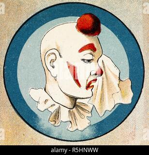 A clown wiping a tear from his eye. The Circus Book. [Pictures for children.]. G. Routledge & Sons: [London; lithographed in Holland, 1890.]. Source: 12807.s.62 page 5 detail. Language: English. Author: ANON. Stock Photo