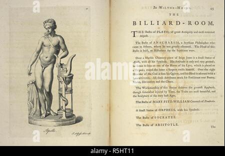 A small statue of Apollo with all his symbols; text. A description of the Antiquities and Curiosities in Wilton-House, with twenty-five engravings ... In this work are introduced the anecodtes and remarks of Thomas Earl of Pembroke,... Salisbury, 1769. Source: G.4064, page 45. Language: English. Stock Photo