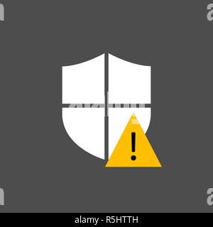 Warning icon on shield. Vector illustration, flat Stock Vector