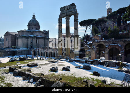 ROME. ITALY. FEBRUARY 27 2018 Ancient Roman ruins in Rome. In winter, under the snow, ROME. ITALY. FEBRUARY 27 2018 Stock Photo