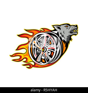 Wolf on Flaming Wheel Rim Stock Photo