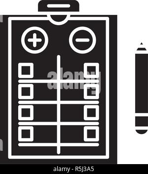 Pros and cons list black icon, vector sign on isolated background. Pros and cons list concept symbol, illustration  Stock Vector