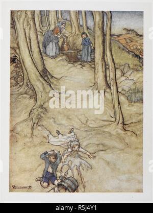 'Jack and Jill'. Two children fall down a hill. Jill spills a pail of water while Jack bumps his head. Mother Goose. The old nursery rhymes. Illustrated by Arthur Rackham. London : William Heinemann, [1913.]. Source: 11646.h.32. facing page 18. Stock Photo