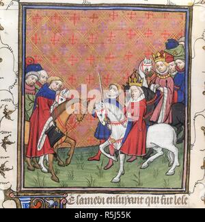 Duc de Bar meeting the Emperor. Chroniques de France ou de St Denis. End of 14th century. [RH miniature only] The Duc de Bar meeting the Emperor Charles IV and the King of the Romans  Image taken from Chroniques de France ou de St Denis.  Originally published/produced in End of 14th century. . Source: Royal 20 C. VII, f.196v. Language: French. Stock Photo