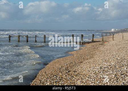 RSPB Medmerry Nature Reserve by the coast at Medmerry, West Sussex, UK. The shingle beach at Medmerry. Stock Photo