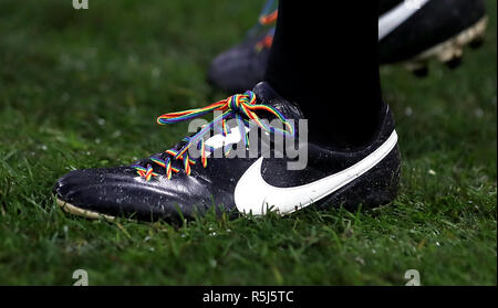 Close up of the Rainbow laces during the Premier League match at Selhurst Park, London. Stock Photo