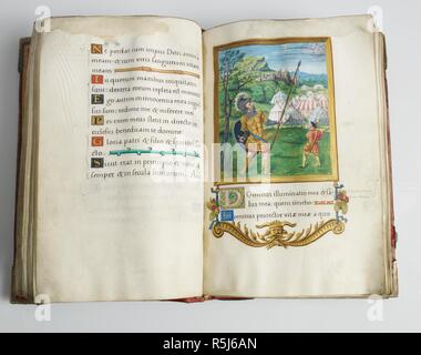 An open missal written in Latin rests on a wooden lectern decorated ...