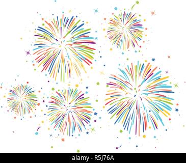 vector fireworks background for christmas, 4th of july, carnival and holiday illustrations. colorful bonfire firework night with stars and  sparkles Stock Vector