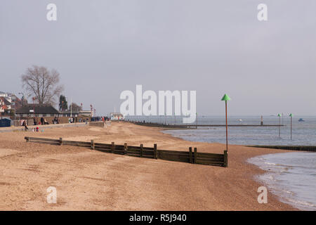 Wooden Groyne on the beach at Leigh-on-Sea at low tide. Stock Photo
