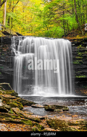 Harrison Wright Falls, a very beautiful plunging waterfall in Pennsylvania's Ricketts Glen State Park, is topped here by colorful autumn foliage. Stock Photo