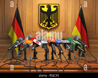 Press conference or briefing of president  or premier minister of Germany concept,. Podium speaker tribune with Germany flags and coat arms. 3d illust Stock Photo