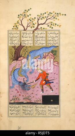 Isfandiyar killing the dragon. Shahnama. Isfahan, Iran, 1630-1640. Isfandiyar killing the dragon. He is shown on foot, and his 'armoured car' has been reduced to a plain black chest in the lower right-hand corner. Gold sky, rosy mauve ground.  Image taken from Shahnama.  Originally published/produced in Isfahan, Iran, 1630-1640. . Source: I.O. ISLAMIC 1256, f.361v. Language: Persian. Stock Photo