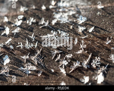 Frost crystals forming beautiful  geometrical shapes on wood surface against black background Stock Photo