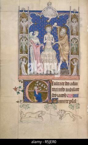 [Whole folio] The baptism of Christ, with an angel holding a robe, and the Holy Dove above; with angels in niches either side. Psalm 80, beginning with initial 'E', David playing bells. In the lower margin, a unicorn and lion fighting. Queen Mary Psalter. England [London?]; circa 1310-1320. Source: Royal 2 B. VII, f.190v. Language: Latin. Stock Photo