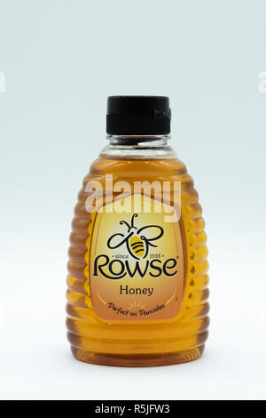 Largs, Scotland, UK - November 29, 2018: Rowse branded plastic container of honey in a recyclable container and in line with UK recycling initiatives. Stock Photo