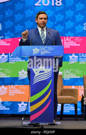 Hollywood, Florida,  USA. 30th November 2018. Florida Governor elect Ron DeSantis attends and speak at the 5th Israeli-American Council National Conference at the Westin Diplomat Resort Hollywood on November 30, 2018 in Hollywood, Florida. Credit: Mpi10/Media Punch/Alamy Live News Stock Photo