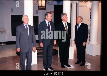 Four living U.S. Presidents at the opening of the George H.W. Bush Presidential Library in College Station, Texas, in 1997. Former President George H.W. Bush passed away, Nov. 30, 2018 in Houston, TX. Stock Photo