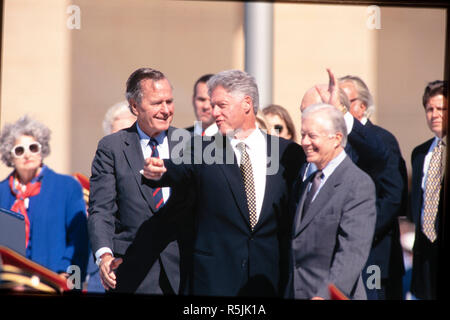 From left, former First Lady Lady Bird Johnson, former President George H.W. Bush, President Bill Clinton, and former President Jimmy Carter at the dedication of the Bush Presidential Library in 1997 on the campus of Texas A&M University in College Station, Texas. President George H.W. Bush passed away, Nov. 30, 2018 in Houston, TX Stock Photo