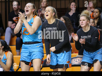 Stillwater, OK, USA. 30th Nov, 2018. Oklahoma State teammates celebrate after a made basket during a basketball game between the Texas State Bobcats and Oklahoma State Cowgirls at Gallagher-Iba Arena in Stillwater, OK. Gray Siegel/CSM/Alamy Live News Stock Photo