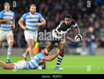 Twickenham, UK. 1st December 2018. Siya Polisi of Barbarians was tackled during The Killik Cup - Barbarians v Argentina at Twickenham Stadium on Saturday, 01 December 2018. LONDON ENGLAND.  (Editorial use only, license required for commercial use. No use in betting, games or a single club/league/player publications.) Credit: Taka G Wu/Alamy News Stock Photo