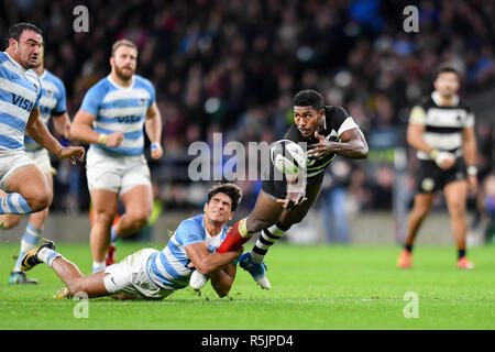 Twickenham, UK. 1st December 2018. Siya Polisi of Barbarians was tackled during The Killik Cup - Barbarians v Argentina at Twickenham Stadium on Saturday, 01 December 2018. LONDON ENGLAND.  (Editorial use only, license required for commercial use. No use in betting, games or a single club/league/player publications.) Credit: Taka G Wu/Alamy News Stock Photo