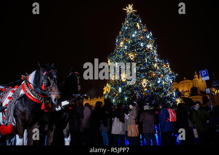 Krakow, Poland. 1st Dec, 2018. People are seen standing next to a large Christmas tree.Stores, Christmas trees, Christmas decorations, handicrafts, culinary treats, confectionery and warming drinks are seen as people attend the Christmas market at the Main Square in Krakow. Credit: Omar Marques/SOPA Images/ZUMA Wire/Alamy Live News Stock Photo