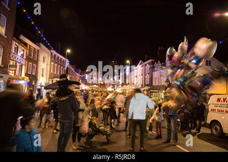 Bewdley, UK. 1st December, 2018. There is a feeling of real community spirit and festive fun this evening as the folk of Bewdley come together to support the town's annual Christmas lights switch-on and traditional Victorian Christmas Market. Hosted by local radio station BBC Hereford and Worcester, with live band entertainment from the amazing Gasoline & Matches, the crowds ensure this is an evening which truly celebrates advent and the revelry of the festive season. Credit: Lee Hudson/Alamy Live News Stock Photo