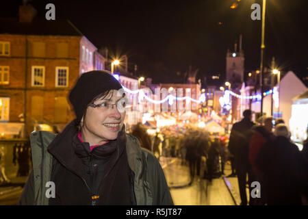 Bewdley, UK. 1st December, 2018. There is a feeling of real community spirit and festive fun this evening as the folk of Bewdley come together to support the town's annual Christmas lights switch-on and traditional Victorian Christmas Market. Hosted by local radio station BBC Hereford and Worcester, with live band entertainment from Gasoline & Matches, the crowds ensure this is an evening which truly celebrates advent and the revelry of the festive season. Credit: Lee Hudson/Alamy Live News Stock Photo