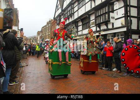 Rochester, Kent, UK. 1st December 2018: Participats of the Dickensian Festival on Rochester High Steet during the main parade.  Hundreds of people attended the Dickensian Festival in Rochester on 1 December 2018. The festival's main parade has participants in Victorian period costume from the Dickensian age. The town and area was the setting of many of Charles Dickens novels and is the setting to two annual festivals in his honor. Photos: David Mbiyu/ Alamy Live News Stock Photo