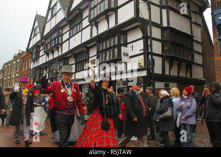 Rochester, Kent, UK. 1st December 2018: The Lord Mayor of Medway Cllr Steve Iles leads the parade on the High Street at noon. Hundreds of people attended the Dickensian Festival in Rochester on 1 December 2018. The festival's main parade has participants in Victorian period costume from the Dickensian age. The town and area was the setting of many of Charles Dickens novels and is the setting to two annual festivals in his honor. Photos: David Mbiyu/ Alamy Live News Stock Photo