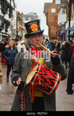 Rochester, Kent, UK. 1st December 2018: A participant of the main parade on Rochester High Street. Hundreds of people attended the Dickensian Festival in Rochester on 1 December 2018. The festival's main parade has participants in Victorian period costume from the Dickensian age. The town and area was the setting of many of Charles Dickens novels and is the setting to two annual festivals in his honor. Photos: David Mbiyu/ Alamy Live News Stock Photo