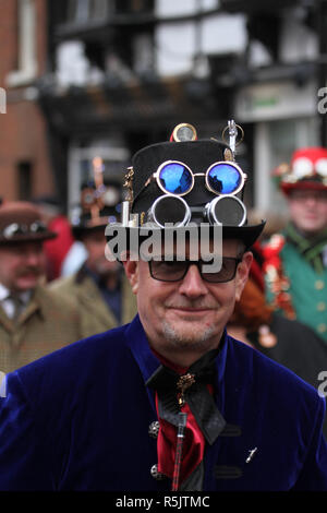 Rochester, Kent, UK. 1st December 2018: A parade participant in Steampunk custume takes part in the main parade. Hundreds of people attended the Dickensian Festival in Rochester on 1 December 2018. The festival's main parade has participants in Victorian period costume from the Dickensian age. The town and area was the setting of many of Charles Dickens novels and is the setting to two annual festivals in his honor. Photos: David Mbiyu/ Alamy Live News Stock Photo