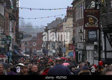 Rochester, Kent, UK. 1st December 2018: Some of the hundreds of people attended the Dickensian Festival in Rochester High Street on 1 December 2018. The festival's main parade has participants in Victorian period costume from the Dickensian age. The town and area was the setting of many of Charles Dickens novels and is the setting to two annual festivals in his honor. Photos: David Mbiyu/ Alamy Live News Stock Photo