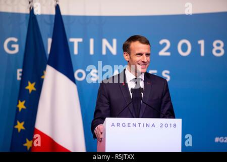 Buenos Aires, Argentina. 1st Dec, 2018. French President Emmanuel Macron reacts during a press conference during the 13th summit of the Group of 20 (G20) in Buenos Aires, Argentina, on Dec. 1, 2018. The 13th G20 summit concluded here on Saturday. Credit: Li Ming/Xinhua/Alamy Live News