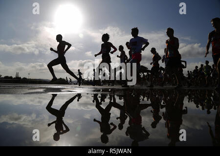 Walnut, CA, USA. 1st Dec, 2018. December 1, 2018 - Walnut, California, USA - High school runners are reflected at the start the Senior Boys Race at the Foot Locker Cross Country Championships West Regional at Mt. San Antonio College in Walnut, CA. Credit: KC Alfred/ZUMA Wire/Alamy Live News Stock Photo