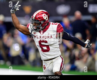 Oklahoma cornerback Tre Brown (6) celebrates after getting a safety during the Dr. Pepper Big-12 Championship between the Oklahoma Sooners vs Texas Longhorns at an NCAA Big-12 Championship Football game at the AT&T Stadium, Arlington Texas. 12/01/18.Manny Flores/Cal Sport Media. Stock Photo